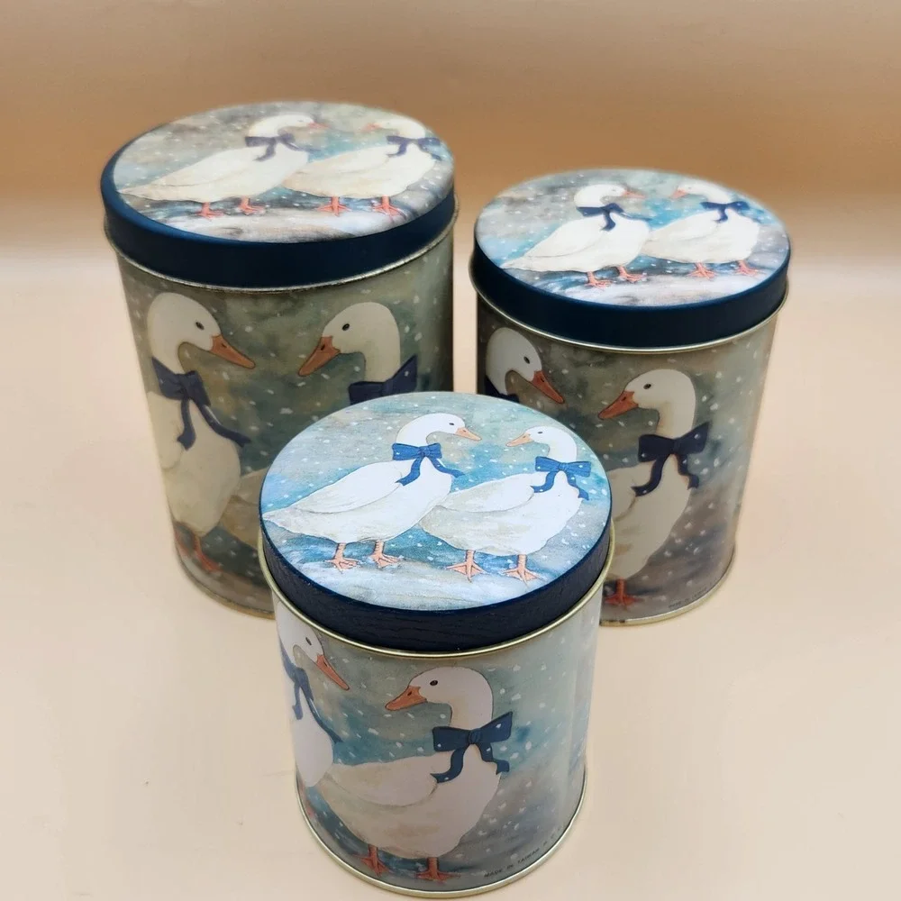 3pc Vintage Blue Ribbon Country Goose Nesting Tin Canisters Cottagecore Granny
